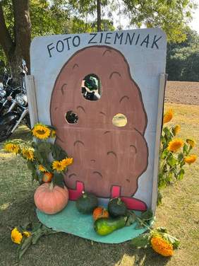 Pokaż zdjęcie: Foto ziemniak, rysunek dużego ziemniaka, w którym wycieto miejsce na głowę, po włożeniu głowy w to miejsce, można sobie zrobić pamiątkową fotografię.