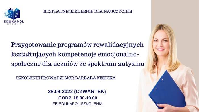 Pokaż zdjęcie: Po prawej stronie, na beżowym tle widnieje zdjęcie uśmiechniętej kobiety ubranej w kremową bluzkę i trzymającej w dłoni niebieską teczkę. Na górze umieszczony został logotyp organizatora szkolenia oraz następujące sformułowanie: „Bezpłatne szkolenie dla nauczycieli”. Poniżej zamieszczone zostały pozostałe informacje na temat szkolenia, które można znaleźć w treści niniejszej publikacji.