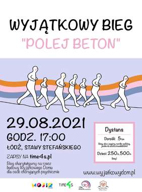 Pokaż zdjęcie: plakat promujący bieg charytatywny, na plakacie postacie ludzkie biegną w jednym kierunku, na dole zamieszczono dane kontaktowe i informacyjne