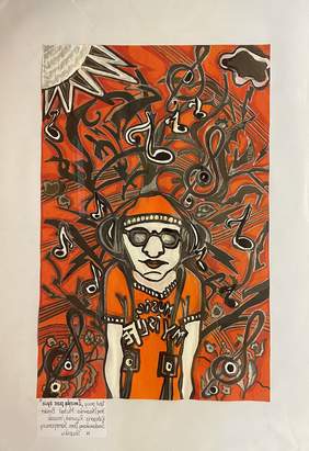 Pokaż zdjęcie: Mężczyzna w przyciemnianych okularach, w czerwonej czapce i koszulce z krótkim rękawem, ze słuchawkami na uszach. Tło obrazu również czerwone z czarnymi wzorami nut  i kluczy wiolinowych.