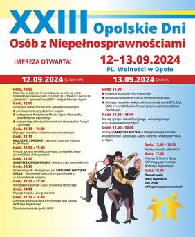 Plakat z programem XXXII Opolskich Dni Osób z Niepełnosprawnością, plan wydarzenia znajduje się w treści komunikatu
