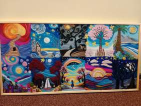 Pokaż zdjęcie: Na zdjęciu znajduje się praca plastyczna, która zdobyła wyróżnienie w kategorii „Tkanina i aplikacja”. Na jednym obrazie znajduje się 10 różnych scenek wykonanych z tkaniny. 