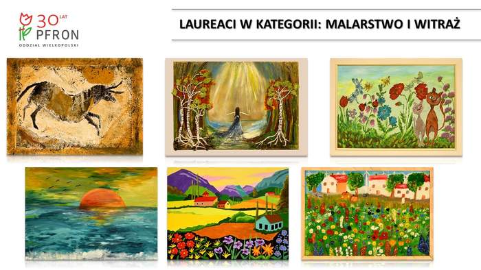 Pokaż zdjęcie: Grafika prezentująca prace laureatów z Wielkopolski nagrodzone na etapie regionalnym, w kategorii malarstwo i witraż, w ramach XIX edycji konkursu plastycznego „Sztuka Osób Niepełnosprawnych” - opisy zdjęć są przypisane osobno do każdej z prac