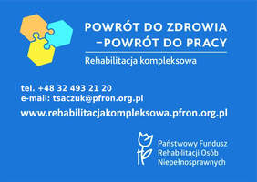 Pokaż zdjęcie: Na niebieskim tle na górze grafiki umieszczono logo Projektu: Powrót do zdrowia - powrót do pracy, Kompleksowa Rehabilitacja. Ponirzej dane kontaktowe do osoby odpowiedzialnej z Oddziału Śląskiego PFRON za realizację zadania: tel. 34 49 32 120