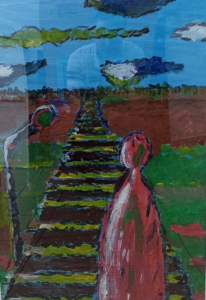 Pokaż zdjęcie: Praca malarska, przedstawiająca semafor, tory, człowieka, krajobraz