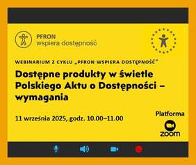 Pokaż zdjęcie: Zdjęcie jest infografiką informującą o webinarium. Zamieszczony jest termin, godzina, sposób i temat spotkania. Tło jest w żółtym kolorze. 