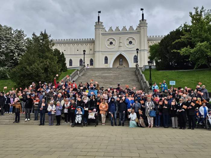 Pokaż zdjęcie: Na schodach przed Zamkiem Lubelskim pozuje do grupowego zdjęcia duża liczba osób.
