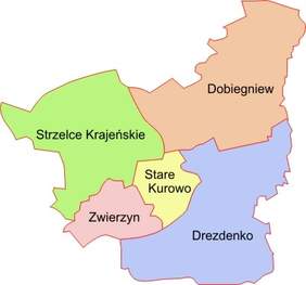 Pokaż zdjęcie: Mapa Powiatu Strzelecko-Drezdeneckiego z podziałem na gminy, w różnych kolorach