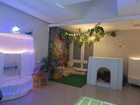 Pokaż zdjęcie: W sali terapeutycznej znajdują się różne urządzenia i sprzęty wykorzystywane podczas zajęć. Są pluszaki, klocki, liście imitujące dżunglę. 