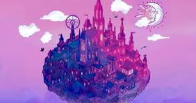 Pokaż zdjęcie: Zdjęcie jest grafiką. Na różowym tle znajduje się kraina na wzgórzu. Na nią świeci księżyc i widać białe chmury. 