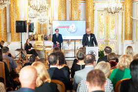 Pokaż zdjęcie: Zdjęcie podczas uroczystej gali robione z tyłu sali w kierunku prowadzącego. Przy mikrofonie stoi mężczyzna w garniturze.