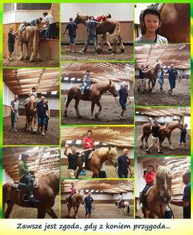 Uczestnicy podczas zajęć z końmi