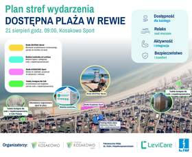 Grafika przedstawia plan stref wydarzenia „Dostępna Plaża w Rewie”, zaplanowanego 21 sierpnia o godz. 9:00. Na mapie zaznaczono m.in. strefę aktywności, mobilną komfortkę, dostępne toalety, zjazd do plaży oraz parking.  