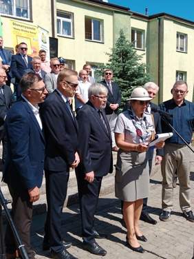 Pokaż zdjęcie: Kilka osób przemawia do mikrofonu. Jedna z pań ubrana jest w mundur harcerski. W tle widać także inne osoby oraz budynek. 