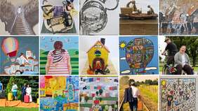 Pokaż zdjęcie: Kolaż zdjęć prac plastycznych nagrodzonych w pięciu kategoriach w konkursie "Życie jest podróżą"