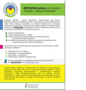 Pokaż zdjęcie: na zdjęciu plakat przedstawiający komunikat o projekcie  dotyczącym bezpłatnej pomocy psychologicznej realizowany przez Fundację Rozwój - Lepsza Przyszłość