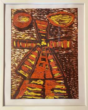 Pokaż zdjęcie: Grafika przedstawiająca wiatrak, wykonana w ciepłej tonacji. Dominujące kolory pomarańcz, żółty, brąz.