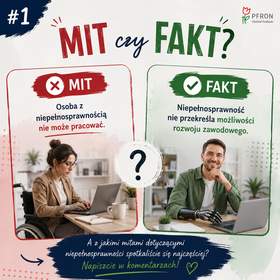 Grafika informacyjna PFRON przedstawiająca zestawienie mitu i faktu dotyczącego zatrudnienia osób z niepełnosprawnościami. Po lewej stronie widnieje napis „Mit” oraz zdjęcie osoby poruszającej się na wózku, pracującej przy komputerze, z błędnym stwierdzeniem: „Osoba z niepełnosprawnością nie może pracować”. Po prawej stronie znajduje się napis „Fakt” oraz zdjęcie uśmiechniętego mężczyzny z protezą dłoni pracującego przy laptopie, z informacją: „Niepełnosprawność nie przekreśla możliwości rozwoju zawodowego”. U dołu grafiki znajduje się pytanie zachęcające odbiorców do podzielenia się mitami dotyczącymi niepełnosprawności, z którymi spotkali się najczęściej.