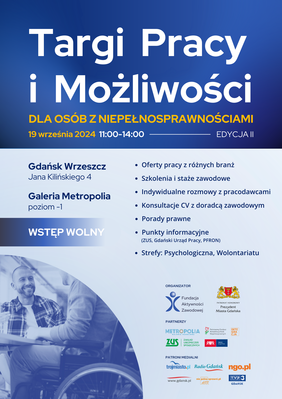 Pokaż zdjęcie: Na niebieskim tle biały duży tytuł wydarzenia, pod spodem w innym kolorze godzina  i adres wydarzenia. W lewym dolnym rogu zdjęcie osoby na wózku rozmawiającej z kimś przy biurku. W prawym dolnym rogu loga organizatorów i partnerów wydarzenia.