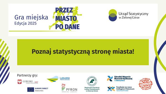 Pokaż zdjęcie: Plakat z informacjami o Grze Miejskiej "Przez Miasto Po Dane", który zawiera logotypy różnych instytucji uczestniczących w Grze