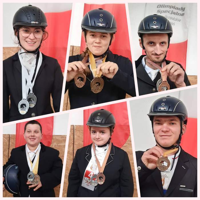Pokaż zdjęcie: Kolaż zdjęć medalistów - uczniów i absolwentów SOSW w Wierzchosławicach-Dwudniakach. Uśmiechnięci zawodnicy w strojach jeździeckich, na szyjach mają medale