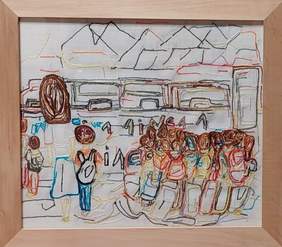 Pokaż zdjęcie: obraz z tkaniny z kolorowymi nitkami przedstawia czekających ludzi przed pojazdem