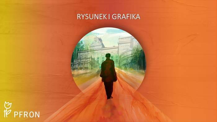 Pokaż zdjęcie: Na pomarańczowo-żółtym pastelowym tle widnieje napis: „Rysunek i grafika”. Po środku umieszczona została grafika prezentująca mężczyznę idącego w kierunku pałacu. W lewym, dolnym rogu możemy dostrzec logo PFRON.