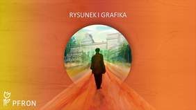 Pokaż zdjęcie: Na pomarańczowo-żółtym pastelowym tle widnieje napis: „Rysunek i grafika”. Po środku umieszczona została grafika prezentująca mężczyznę idącego w kierunku pałacu. W lewym, dolnym rogu możemy dostrzec logo PFRON.