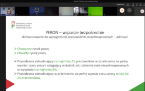 Pokaż zdjęcie: Spotkanie „Zatrudniamy osoby z niepełnosprawnościami” - zdjęcie ze spotkania online. Widoczne zdjęcia uczestników oraz slajd prezentacji PFRON.