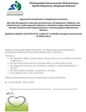 Pokaż zdjęcie: Plakat promujący bezpłatny warsztat dla osób z chorobą nowotworową i ich opiekunów