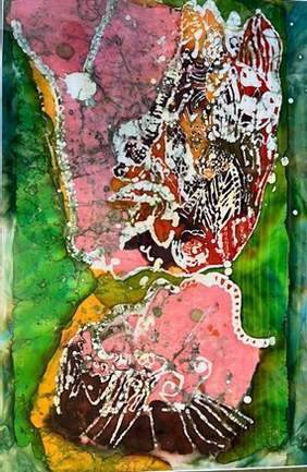 Pokaż zdjęcie: Kolorowa praca malarska przedstawiająca abstrakcyjną kompozycję w odcieniach zieleni, różu, czerwieni i żółci z widocznymi warstwami farby i nieregularnymi liniach.