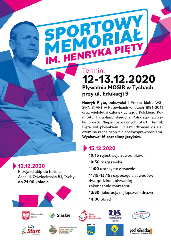 Pokaż zdjęcie: na plakacie widnieje wizerunek Henryka Piety w kolorze niebieskim nieregularni rozmieszone są różne figury geometryczne w kolorze niebieskim i ciemno różowym w tych samych kolorach napis sportowy memoriał im. Henryka Pięty