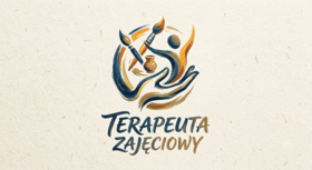 Logotyp o strukturze malarskiej przedstawiający symboliczną postać człowieka otoczoną pociągnięciami pędzla w kolorach granatowym i ugru, z widocznymi dwoma pędzlami oraz naczyniem z gliny, a poniżej napis TERAPEUTA ZAJĘCIOWY