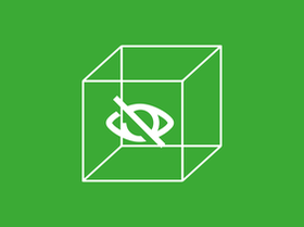 logo projektu „Trening orientacji przestrzennej dla osób niewidomych i słabowidzących (TOPON)” - na zielonym tle, w białym obrysie sześcianu "zawieszona" grafika przekreślonego oka