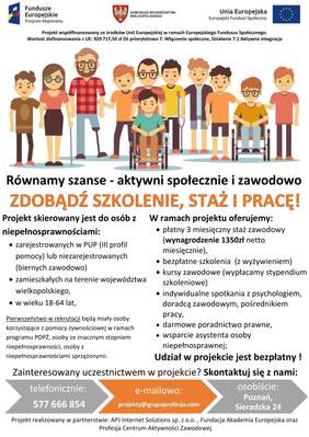 Pokaż zdjęcie: „Równamy szanse – aktywni społecznie i zawodowo” - projekt aktywizacji zawodowej osób niepełnosprawnych