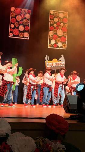 Pokaż zdjęcie: Grupa uczestników w strojach stylizowanych na country prezentuje układ taneczny na scenie podczas jubileuszu ŚDS.