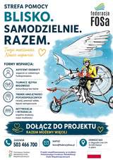 Na plakacie widnieją informacje o formach wsparcia: asystent osobisty, tłumacz języka migowego, trener umiejętności psychospołecznych oraz aktywizacja i integracja. Obok znajduje się ilustracja osoby poruszającej się na wózku wraz z asystentem. Na dole podano dane kontaktowe do rekrutacji.