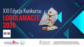 Grafika promująca XXI edycję konkursu „Lodołamacze 2026”. Na granatowym tle czerwony napis, statuetka konkursowa oraz logotypy RDC, FAZON, POPON i PFRON.