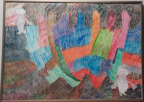 Pokaż zdjęcie: obraz kolorowy w pionowe linie oraz dwie postacie