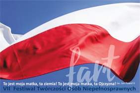 Plakat promujący VII festiwal "fART" - flaga Polski na tle błękitnego nieba oraz temat festiwalu - słowa Jana Pawła II