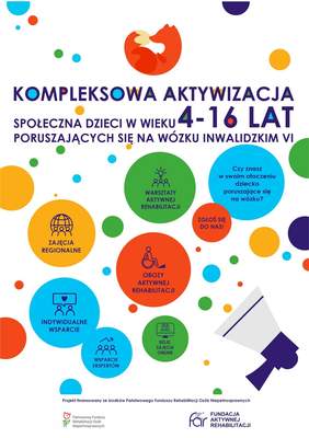 Pokaż zdjęcie: na zdjęciu: plakat promujący projekt Kompleksowej aktywizacji społecznej dzieci w wieku 4-16 lat poruszających się na wózkach inwalidzkich
