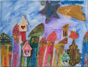 Pokaż zdjęcie: Praca przedstawiająca kolorowe domki w rzędzie, a nad nimi gwiazdy