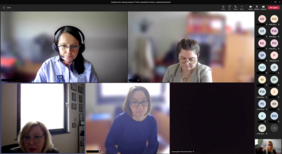 Pokaż zdjęcie: Widoczni uczestnicy spotkania online oraz inicjały uczestników, którzy nie mają włączonych kamer.