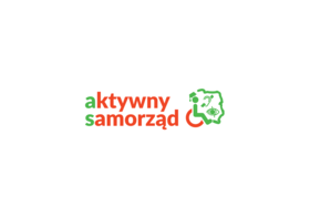 Logo programu „Aktywny samorząd” z napisem w kolorach zielonym i czerwonym oraz piktogramem osoby poruszającej się na wózku, obok symboli dostępności: ucha, oka i domu.