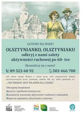 Ilustracja dwojga seniorów oraz informacje o bezpłatnych spacerach, spotkaniach i warsztatach aktywności ruchowej wraz z danymi kontaktowymi organizatora.