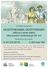 Ilustracja dwojga seniorów oraz informacje o bezpłatnych spacerach, spotkaniach i warsztatach aktywności ruchowej wraz z danymi kontaktowymi organizatora.