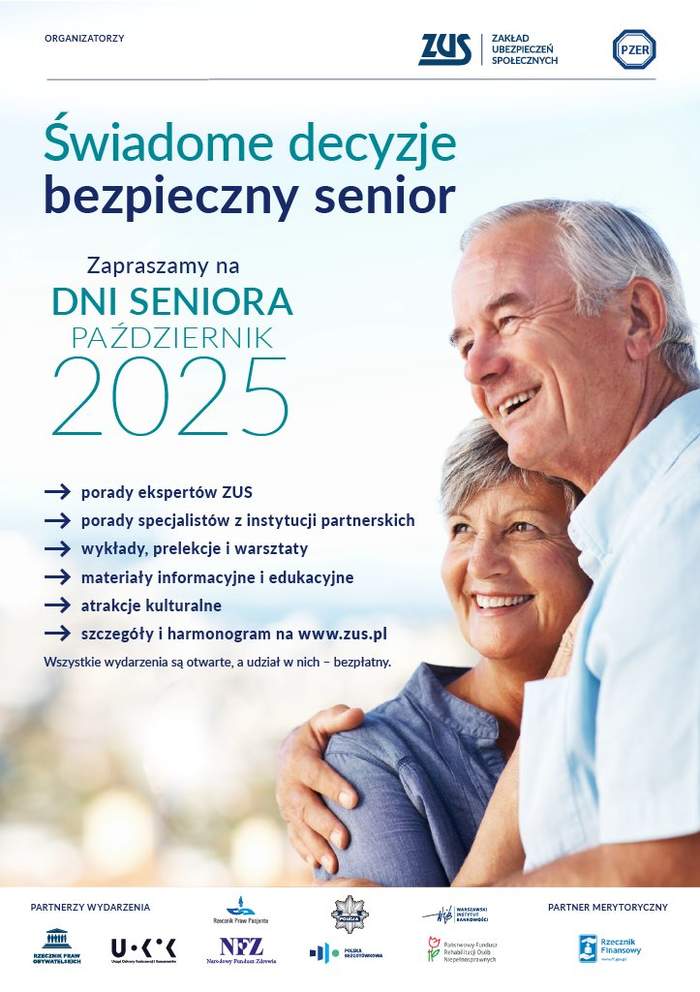 Pokaż zdjęcie: Na górze: logotypy organizatorów Dni Seniora, natomiast na dole: logotypy partnerów wydarzenia. Po środku pozostałe informacje o wydarzeniu oraz duże zdjęcie starszego, uśmiechniętego mężczyzny, który trzyma dłoń na ramieniu starszej kobiety.