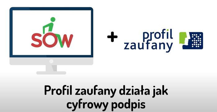 Pokaż zdjęcie: Grafika na zarym tle, po lewej stronie monitor, a na nim logo systemu obsługi wsparcia, po prawej stronie napis profil zaufany z logo pomiędzy znak plus. Poniżej grafik tekst: Profil zaufany działa jak cyfrowy podpis.