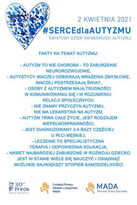 Pokaż zdjęcie: Plakat "Fakty na temat autyzmu. Na plakacie niebeskie serca oraz treść: FAKTY NA TEMAT AUTYZMU: AUTYZM TO NIE CHOROBA - TO ZABURZENIE NEUROROZWOJOWE, AUTYSTYCY INACZEJ ODBIERAJĄ WRAŻENIA ZMYSŁOWE, INACZEJ POSTRZEGAJĄ ŚWIAT, OSOBY Z AUTYZMEM MAJĄ T