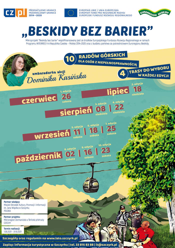 Pokaż zdjęcie: Grafika zawiera widok nieba i gór na tle których są wagoniki kolejki górskiej z prawej strony duże zielone drzewo pod którym znajduje się kilka osób 